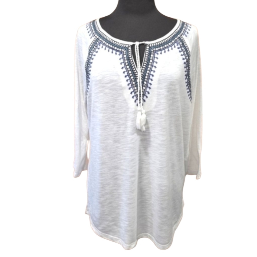 Peasant Blouse Style & Co Large White Tunic Blue Embroidery Boho Chic Bohemian